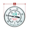 Ein rundes analoges Grillthermometer der Marke Big Green Egg mit Temperaturanzeige in Fahrenheit und Celsius. Oben ist die Breite mit „5 cm“ markiert. In der Mitte befindet sich ein roter Warnhinweis zum Öffnen des Grills.