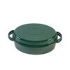 Grüner, ovaler Bräter mit Deckel und seitlichen Griffen. Der Deckel trägt die Prägung „BIG GREEN EGG“.