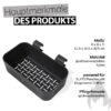 Eine Produktinformationstafel zeigt einen schwarzen Weber Works Gewürz- und Saucenhalter aus glasfaserverstärktem Nylon. Die Maße sind 11,5 x 30,5 x 20,5 cm (Höhe x Breite x Tiefe). Der Halter ist passend für SLATE Planchas mit klappbarem Grilltisch und spülmaschinenfest. Über dem Produktbild steht "Hauptmerkmale DES PRODUKTS". Rechts unten ist eine stilisierte graue Flamme abgebildet.