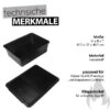 Eine Produktinformationstafel zeigt zwei Ansichten eines schwarzen Weber Works Aufbewahrungsbehälters aus Kunststoff. Die Maße sind 16,5 x 37 x 48,5 cm (Höhe x Breite x Tiefe). Der Behälter ist passend für Weber SLATE Planchas und klappbare Grills und verfügt über einen Klappdeckel für schnellen Zugriff. Über den Produktbildern steht "technische MERKMALE". Rechts unten ist eine stilisierte graue Flamme abgebildet.