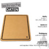 Eine Produktinformationstafel zeigt ein rechteckiges, hellbraunes Weber Works Schneidebrett mit einer schwarzen Saftrille. Die technischen Daten geben die Maße mit 0,9 x 36,5 x 48 cm (Höhe x Breite x Tiefe) an, das Material als Holzfaserbrett und die Reinigung als spülmaschinenfest. Das Schneidebrett ist passend für SLATE Planchas und klappbare Weber Works Seitentische. Über dem Produktbild steht "technische DATEN". Rechts unten ist eine stilisierte graue Flamme abgebildet.