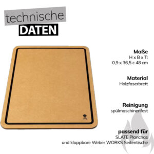 Eine Produktinformationstafel zeigt ein rechteckiges, hellbraunes Weber Works Schneidebrett mit einer schwarzen Saftrille. Die technischen Daten geben die Maße mit 0,9 x 36,5 x 48 cm (Höhe x Breite x Tiefe) an, das Material als Holzfaserbrett und die Reinigung als spülmaschinenfest. Das Schneidebrett ist passend für SLATE Planchas und klappbare Weber Works Seitentische. Über dem Produktbild steht "technische DATEN". Rechts unten ist eine stilisierte graue Flamme abgebildet.