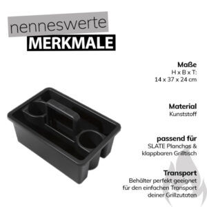 Eine Produktinformationstafel zeigt einen schwarzen Weber Works Caddy aus Kunststoff. Die Maße sind 14 x 37 x 24 cm (Höhe x Breite x Tiefe). Der Caddy ist passend für SLATE Planchas und klappbare Grilltische und eignet sich perfekt für den einfachen Transport von Grillzutaten. Über dem Produktbild steht "nennenswerte MERKMALE". Rechts unten ist eine stilisierte graue Flamme abgebildet.
