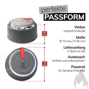 Zwei Weber-Regler im Set, die als original Ersatzteil für die Genesis II Modelle dienen. Die Regler haben einen Durchmesser von 70 mm und eine Höhe von 45 mm. Sie sind mit einem roten Hebel und einem glänzenden Metallrand ausgestattet. Das Set wird als einfach austauschbar und passend für die genannten Modelle beschrieben. Die Darstellung zeigt die Maße und den Austauschprozess auf eine übersichtliche Weise.