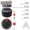 Eine Produktinformationstafel zeigt zwei Ansichten eines schwarzen, matten Weber Drehknopfes mit Chromring und roter Markierung. Er ist ein Original-Ersatzteil von Weber und passend für die Modelle Pulse 1000 & 2000 ab 2018. Der Drehknopf hat eine Höhe von 2,7 cm und einen Durchmesser von 5,3 cm. Die Artikelnummer des Herstellers ist 67131. Über den Produktbildern steht "Schwarz MATT". Rechts unten ist eine stilisierte graue Flamme abgebildet.