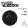 Eine Nahaufnahme der Rückseite eines schwarzen Weber Drehknopfes. Er hat einen Durchmesser von 5,5 cm, ist stabil gefertigt und kann einfach aufgesteckt werden. Über dem Bild steht "Rückseite DREHKNOPF". Rechts unten ist eine stilisierte graue Flamme abgebildet.