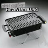 Ein schwarzer Weber Go-Anywhere Gasgrill mit silbernen Grillrosten und Klappbeinen, mit dem Text "gleichmäßige Hitzeverteilung" über dem Grill.