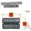 Eine technische Zeichnung zeigt die Abmessungen eines schwarzen Weber Sear Grate Einsatzes für das Gourmet BBQ System. Der Einsatz ist rechteckig und misst 40 cm in der Länge und 25,5 cm in der Breite. Das Gewicht beträgt ca. 1 kg. Über dem Einsatz steht "Abmessungen des ERSATZTEILS". Rechts unten ist eine stilisierte graue Flamme abgebildet.