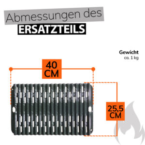 Eine technische Zeichnung zeigt die Abmessungen eines schwarzen Weber Sear Grate Einsatzes für das Gourmet BBQ System. Der Einsatz ist rechteckig und misst 40 cm in der Länge und 25,5 cm in der Breite. Das Gewicht beträgt ca. 1 kg. Über dem Einsatz steht "Abmessungen des ERSATZTEILS". Rechts unten ist eine stilisierte graue Flamme abgebildet.