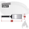 Eine technische Zeichnung zeigt die Abmessungen eines silberfarbenen Weber Flat Top Durable Spatels mit schwarzem Griff. Der Spatel ist 41,5 cm lang und der Kopf ist 10 cm breit. Über dem Spatel steht "erhöhter GRIFF". Rechts unten ist eine stilisierte graue Flamme abgebildet. Im Hintergrund ist der verschwommene Umriss einer hellen Grillplatte zu sehen.