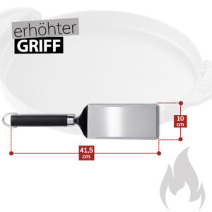 Eine technische Zeichnung zeigt die Abmessungen eines silberfarbenen Weber Flat Top Durable Spatels mit schwarzem Griff. Der Spatel ist 41,5 cm lang und der Kopf ist 10 cm breit. Über dem Spatel steht "erhöhter GRIFF". Rechts unten ist eine stilisierte graue Flamme abgebildet. Im Hintergrund ist der verschwommene Umriss einer hellen Grillplatte zu sehen.
