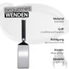 Eine Produktinformationstafel zeigt einen silberfarbenen Weber Flat Top Durable Spatel aus Edelstahl mit einem schwarzen, rutschfesten und handlichen Griff. Er ist spülmaschinenfest, hat abgeschrägte Kanten und wiegt ca. 410 g. Über dem Produktbild steht "bequemes WENDEN". Rechts unten ist eine stilisierte graue Flamme abgebildet. Im Hintergrund ist der verschwommene Umriss einer hellen Grillplatte zu sehen.