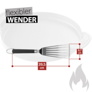 Eine technische Zeichnung zeigt die Abmessungen eines silberfarbenen Weber Flexible Grillwenders mit schwarzem Griff. Der Wender ist 39,5 cm lang und der Kopf ist 9,7 cm breit. Über dem Wender steht "flexibler WENDER". Rechts unten ist eine stilisierte graue Flamme abgebildet. Im Hintergrund ist der verschwommene Umriss einer hellen Grillplatte zu sehen.