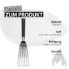 Eine Produktinformationstafel zeigt einen silberfarbenen Weber Flexible Grillwender aus Edelstahl mit einem schwarzen, rutschfesten und handlichen Griff. Er ist spülmaschinenfest und wiegt ca. 290 g. Über dem Produktbild steht "Details ZUM PRODUKT". Rechts unten ist eine stilisierte graue Flamme abgebildet. Im Hintergrund ist der verschwommene Umriss einer hellen Grillplatte zu sehen.