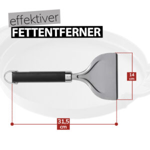 Eine technische Zeichnung zeigt die Abmessungen eines silberfarbenen Weber Grillplatten-Schabers mit schwarzem Griff. Der Schaber ist 31,5 cm lang und die Schaberkante ist 14 cm breit. Über dem Schaber steht "effektiver FETTENTFERNER". Im Hintergrund ist der verschwommene Umriss einer hellen Grillplatte zu sehen.