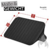 Eine technische Zeichnung zeigt die Abmessungen und das Gewicht einer schwarzen Weber Gusseisen-Grillpress. Die Presse ist 23 cm lang und 15,5 cm breit und wiegt 1,98 kg. Über der Zeichnung steht "Maße & GEWICHT". Rechts unten ist eine stilisierte graue Flamme abgebildet.
