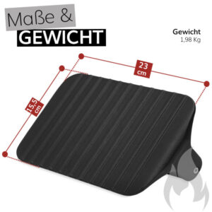 Eine technische Zeichnung zeigt die Abmessungen und das Gewicht einer schwarzen Weber Gusseisen-Grillpress. Die Presse ist 23 cm lang und 15,5 cm breit und wiegt 1,98 kg. Über der Zeichnung steht "Maße & GEWICHT". Rechts unten ist eine stilisierte graue Flamme abgebildet.