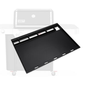 Eine schwarze Grillplatte mit rechteckiger Form und mehreren Schlitzen, dargestellt vor einem transparent eingeblendeten Gasgrill.