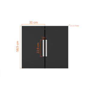 Schwarze Grill-Doppeltüren mit silberfarbenen Griffen, beschriftet mit Maßen: Türhöhe 58,5 cm, Türbreite 31 cm, Griffhöhe 22,9 cm, Grifftiefe 2 cm, Türtiefe 2,5 cm.