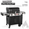 Schwarzer Weber Genesis EX-335 Gasgrill mit hervorgehobenem Sear Zone Drehknopf, Hinweis auf ähnliche Modelle in Grau und der Farbangabe Rot.