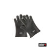 Zwei schwarze Grillhandschuhe aus Gummi mit strukturierter Oberfläche und dem Weber-Logo auf der Handfläche. Die Handschuhe sind nebeneinander abgebildet, wobei der rechte Handschuh leicht versetzt ist.