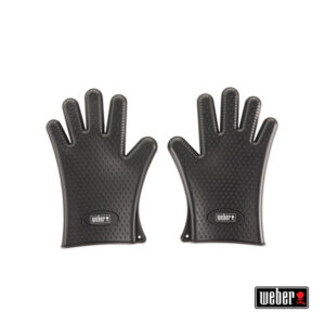 Zwei schwarze Grillhandschuhe aus Gummi mit einer strukturierten Oberfläche und dem Weber-Logo auf der Handfläche. Die Handschuhe sind nebeneinander abgebildet.