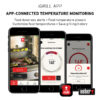 Drei Smartphones zeigen die Weber iGrill App zur Temperaturüberwachung beim Grillen mit Benachrichtigungen zum Garzustand, voreingestellten Temperaturen, Anpassungsoptionen und der Möglichkeit, den Grillverlauf zu speichern.