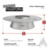 Eine Produktinformationstafel zeigt einen silberfarbenen Weber Charcoal Heat Controller aus Edelstahl. Die Größe des Produkts beträgt 11,5 cm (Höhe) x 46,5 cm (Breite) x 46,5 cm (Tiefe), die Verpackungsgröße ist 31 cm (Höhe) x 31 cm (Breite) x 17 cm (Tiefe). Der Charcoal Heat Controller ist passend für 57 cm Holzkohlegrills. Die Weber Artikelnummer lautet #7666. Über dem Produktbild steht "Perfekte PASSFORM". Rechts unten ist eine stilisierte graue Flamme abgebildet.
