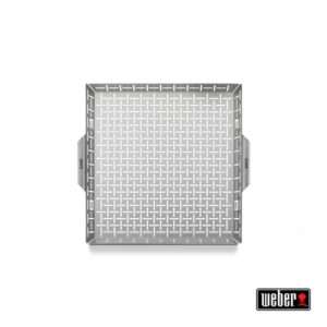 Ein quadratisches Grillkorb-Set aus Edelstahl mit einem durchgehenden Muster und praktischen Griffen, ideal für die Zubereitung von kleinem Grillgut und Gemüse.