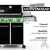 Ein schwarzer Gasgrill mit vier silbernen Drehreglern, von denen drei grün markiert sind. Rechts im Bild steht der Text „mehrfach verwendbar“ sowie weitere Hinweise zur Passform, Qualität und Langlebigkeit des Produkts.