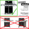Ein schwarzer Weber Genesis E-330 Gasgrill ist grün umrandet und mit einem Häkchen versehen, darüber der Text "richtiges Modell" und die Information, dass er für Genesis E 310, 320 und 330 Modelle ab 2013 passend ist. Darunter sind zwei andere Weber Grills rot durchgestrichen mit dem Hinweis "Nicht Passend für Genesis II & neuere Genesis Modelle".