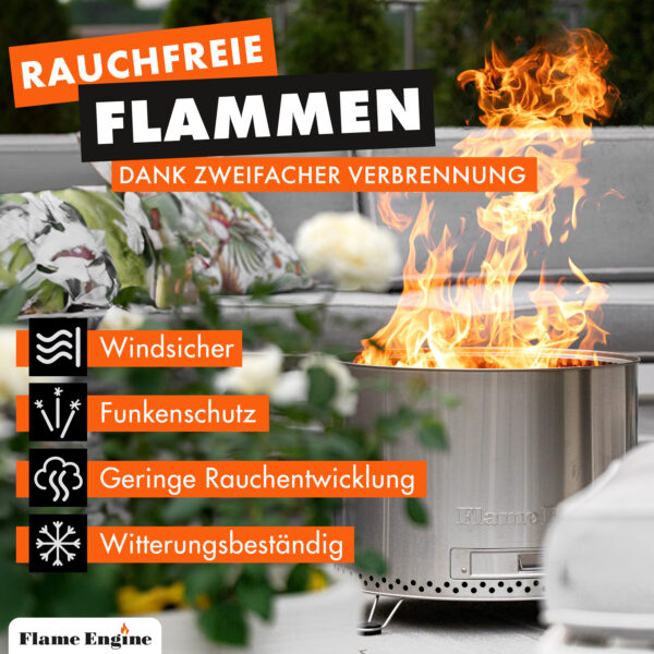 grillshop.at Feuerschale rauchfrei 50x43cm - Edelstahl Grill Feuerschalen für den Garten - Flame Engine Feuertonne mit Grillrost optional - Modell Buddy mit Füßen – Bild 2