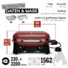 Bordeauxroter Weber Lumin Tischgrill mit technischen Angaben zu Leistung, Gewicht, Abmessungen und Grillfläche, inklusive Abbildung von zwei Grillrosten auf weissem Hintergrund.