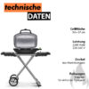 Weisser Hintergrund mit mittig platziertem, geöffnetem tragbaren Elektrogrill auf klappbarem Metallgestell mit zwei Rädern. Oben links steht in oranger Schrift technische, darunter in schwarzem Hintergrund weisser Text DATEN. Rechts sind technische Details aufgelistet: Grillfläche 54 x 37 cm, Leistung 2200 Watt, 220-240 V, Deckel aus Aluminiumguss, Rollwagen klappbar für einfachen Transport. Unten rechts ist ein stilisiertes Flammensymbol grau dargestellt.